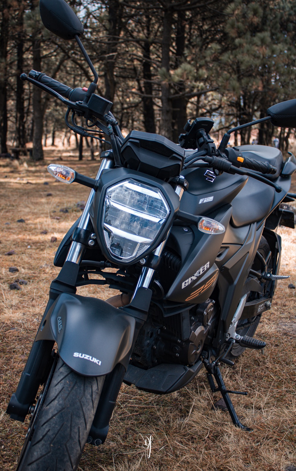 Motocicleta negra entre árboles, vista de frente