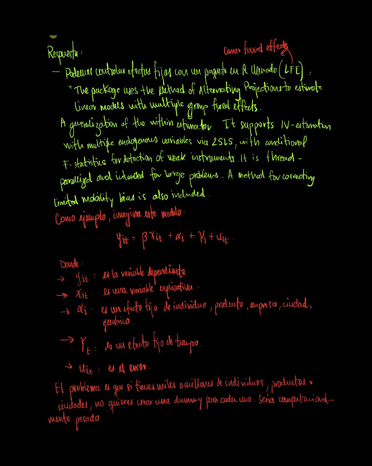 Notas manuscritas sobre el paquete LFE de R, modelo de panel con efectos fijos, instrumentos débiles y paneles desbalanceados.